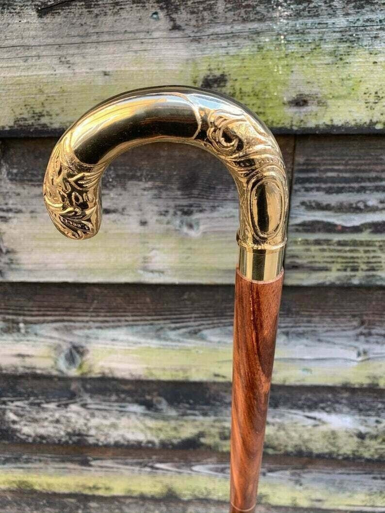 Vintage Brass umbrella Head Handle Brown Wooden Walking Stick Cane Victorian new