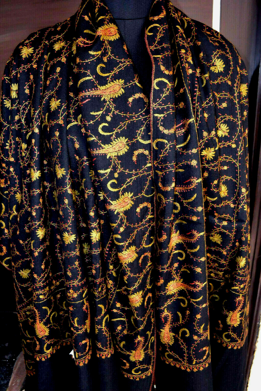 100% CASHMERE BLACK PASHMINA KASHMIRI EMBROIDERY INTRICATE JAAL SHAWL-16 DESIGNS