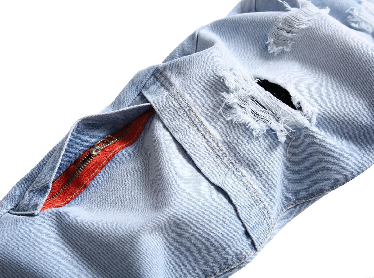 Men’s Light Blue Ripped Holes Straight Leg Casual Punk Hip Hop Pants Trousers