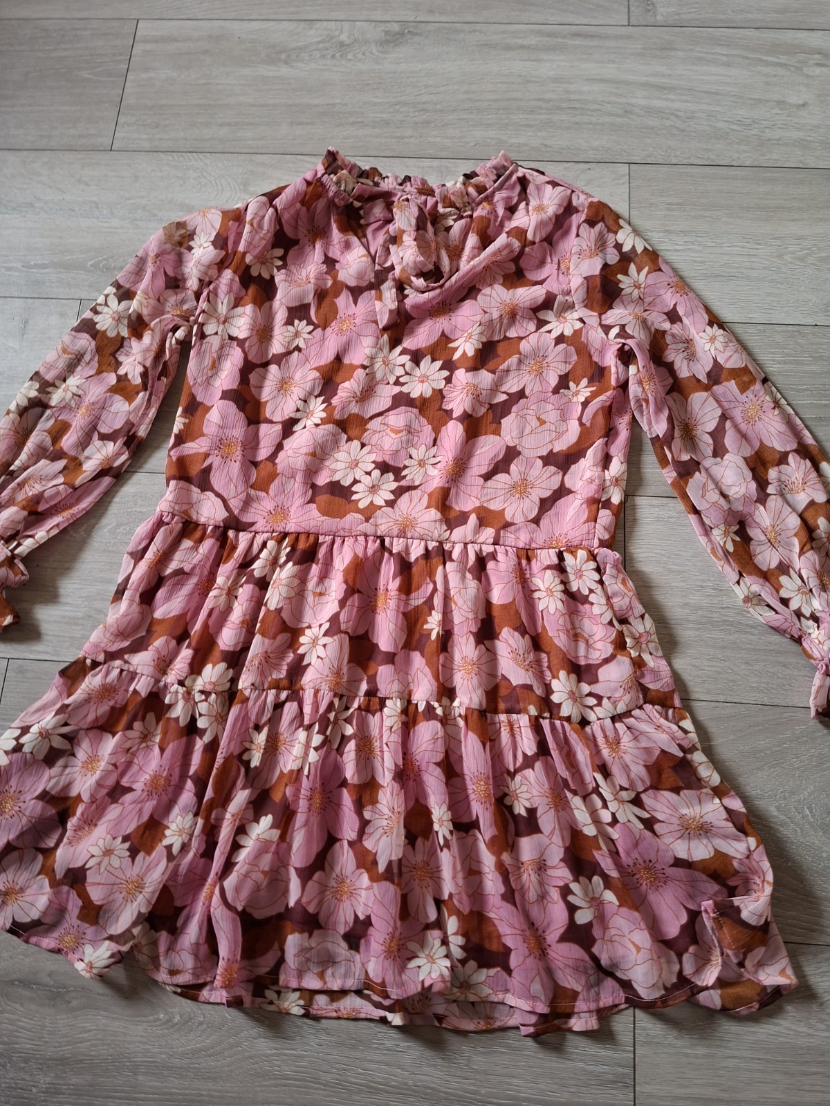Brown & Pink Floral Flared Smock Dress Tiered Frill Party Sheer Boho Retro UK14