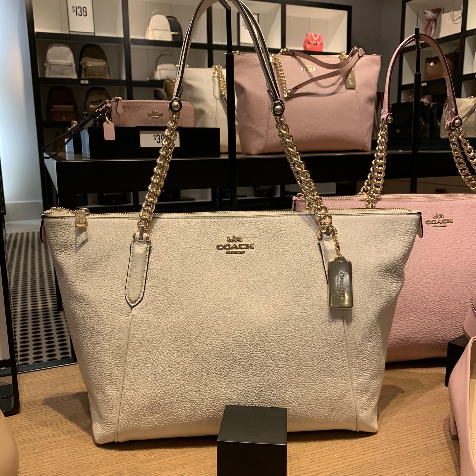 NWT Coach F87775 Ava Chain Tote in Pebble Leather Chalk/White