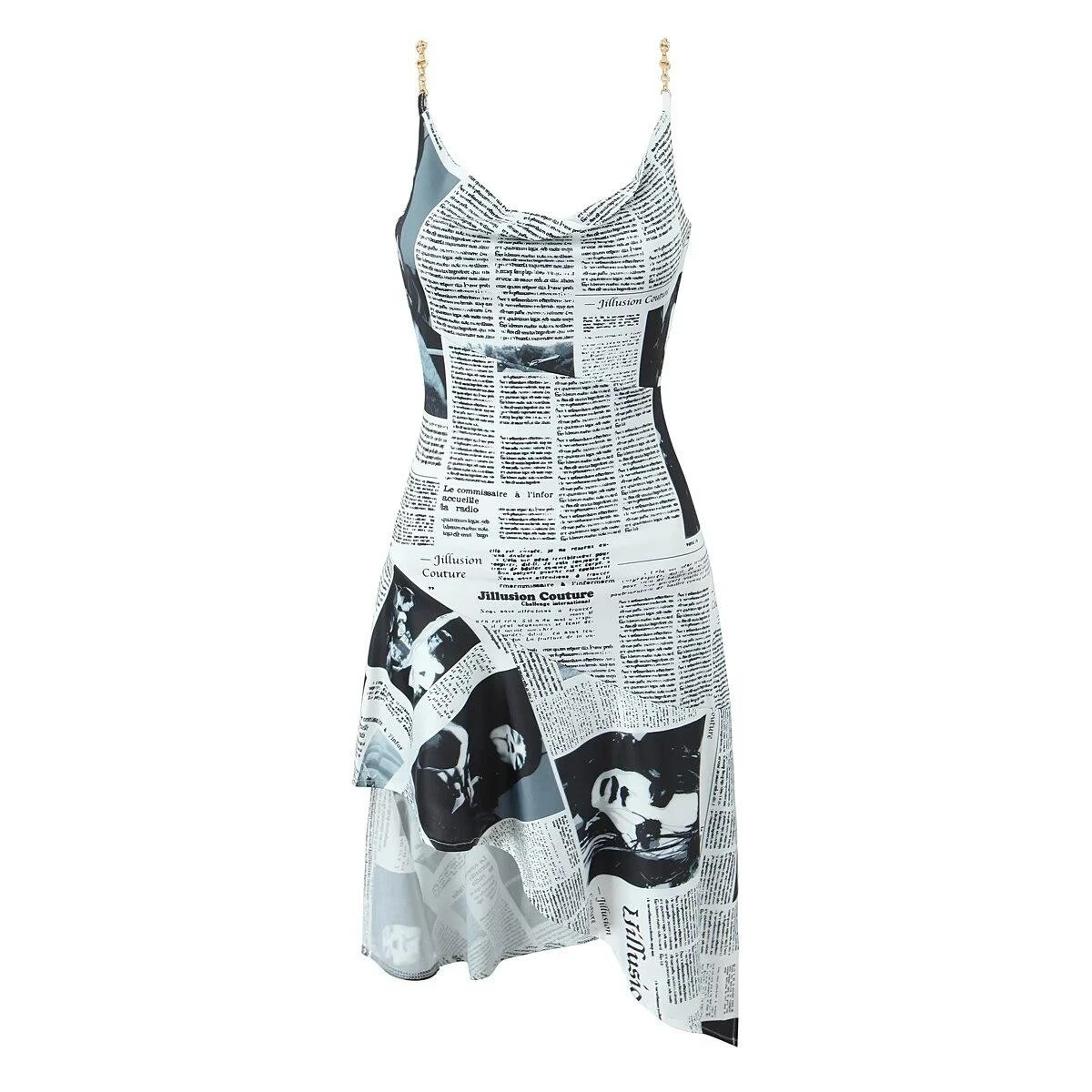 YENKYE New Women Newspaper Letter Print Irregular Hem Sling Dresses Fashion 2026