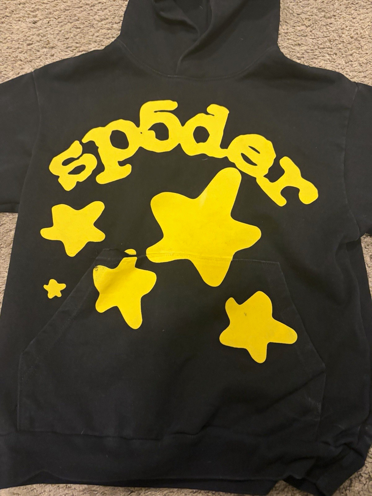 sp5der Black Pullover Hoodie Yellow Spider & Stars Graphic Logo, Unisex S