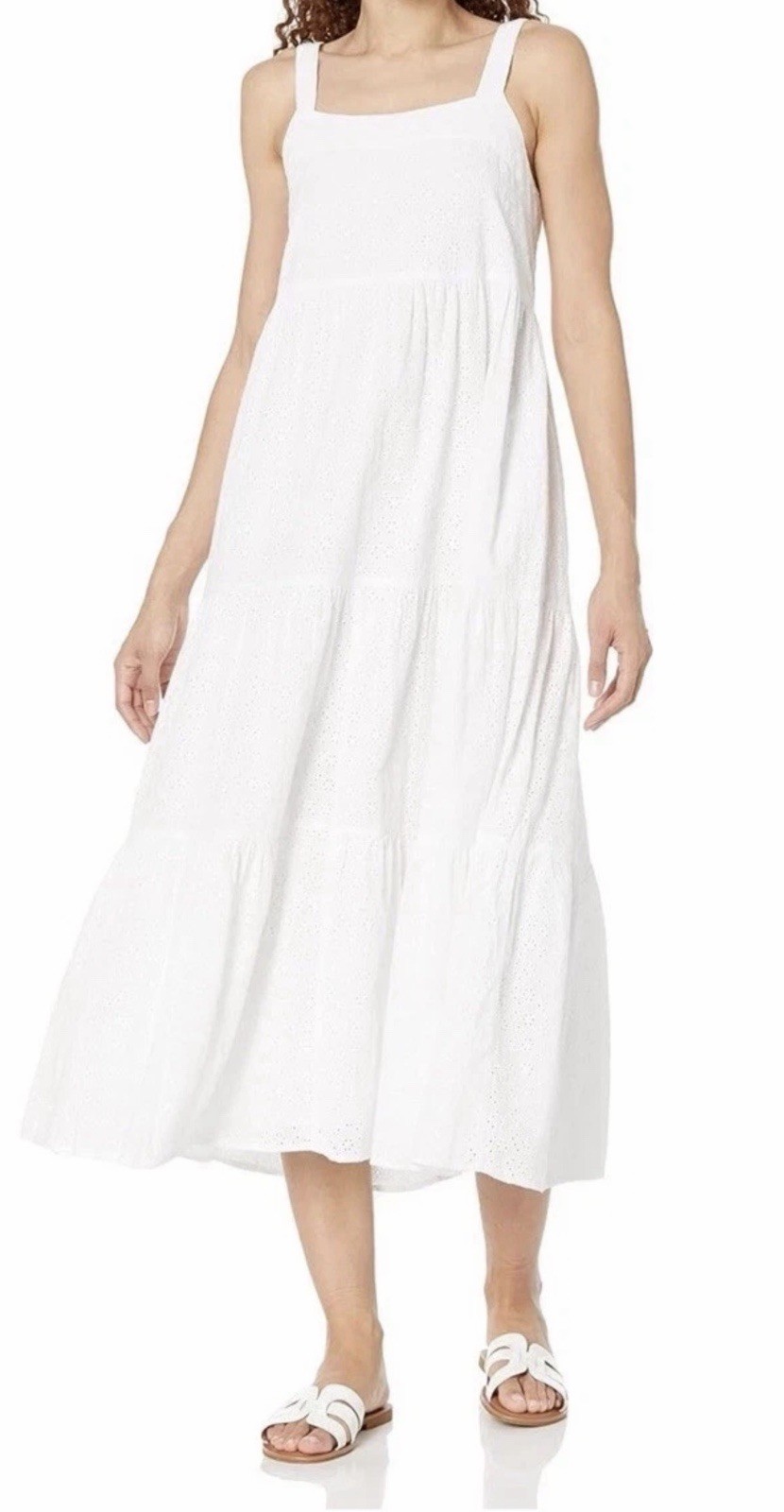 The Drop Britt Maxi Dress White Eyelet Tiered Square Neck Sleeveless Size L