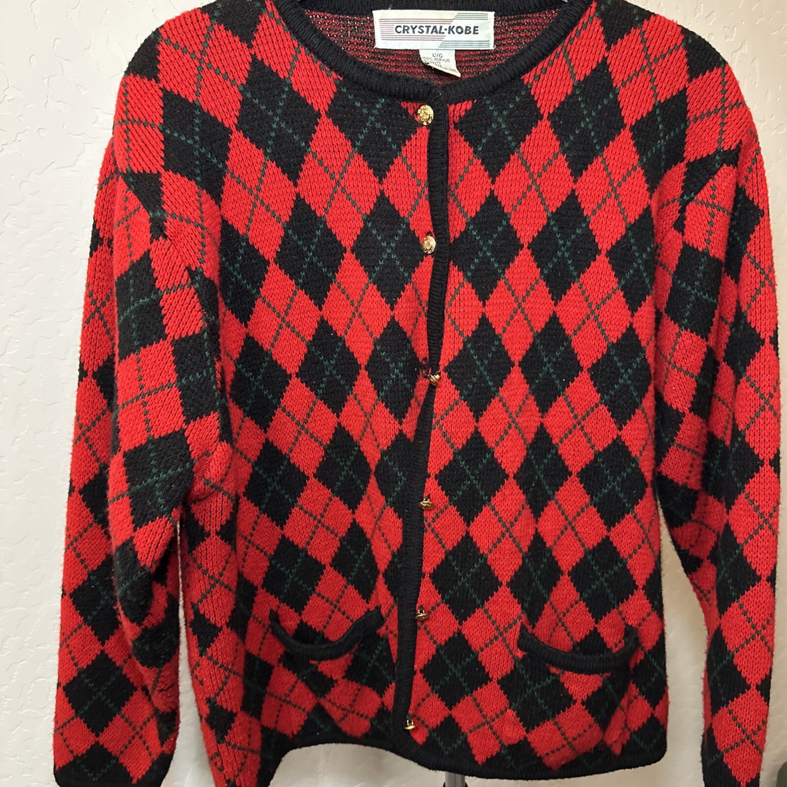Red Argyle Cardigan Womens Large Black Crystal Gold Button VTG Diamond Sweater