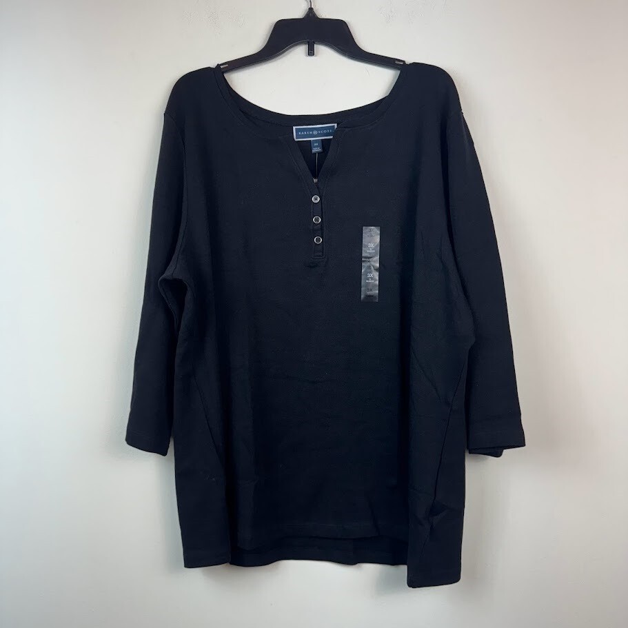 Karen Scott Womens Plus 3X Black 3/4 Sleeve Split Neck Henley Cotton Top NWTAU20