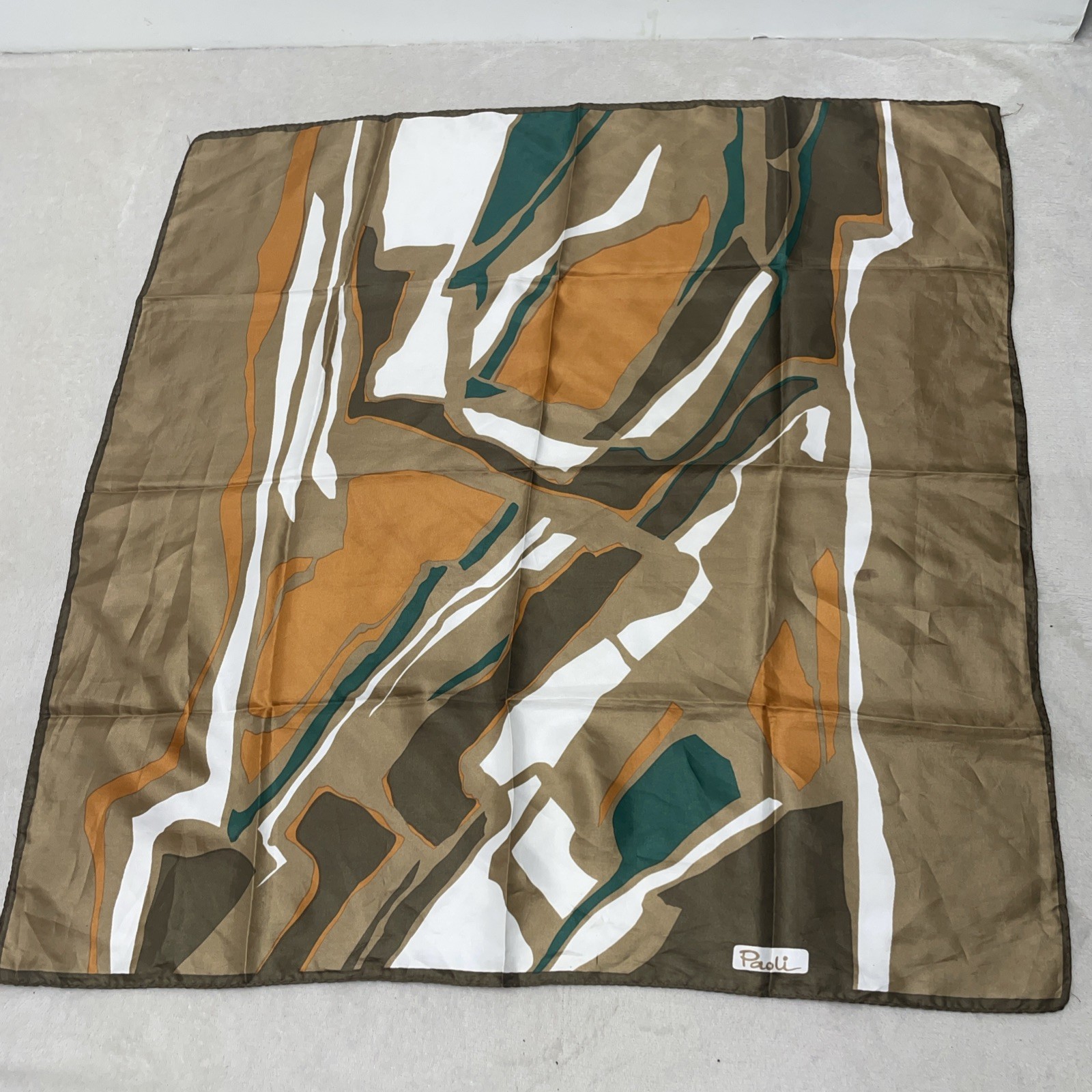 Vintage Italian Paoli Scarf Beige Brown Orange Abstract Retro MidMod Artsy **
