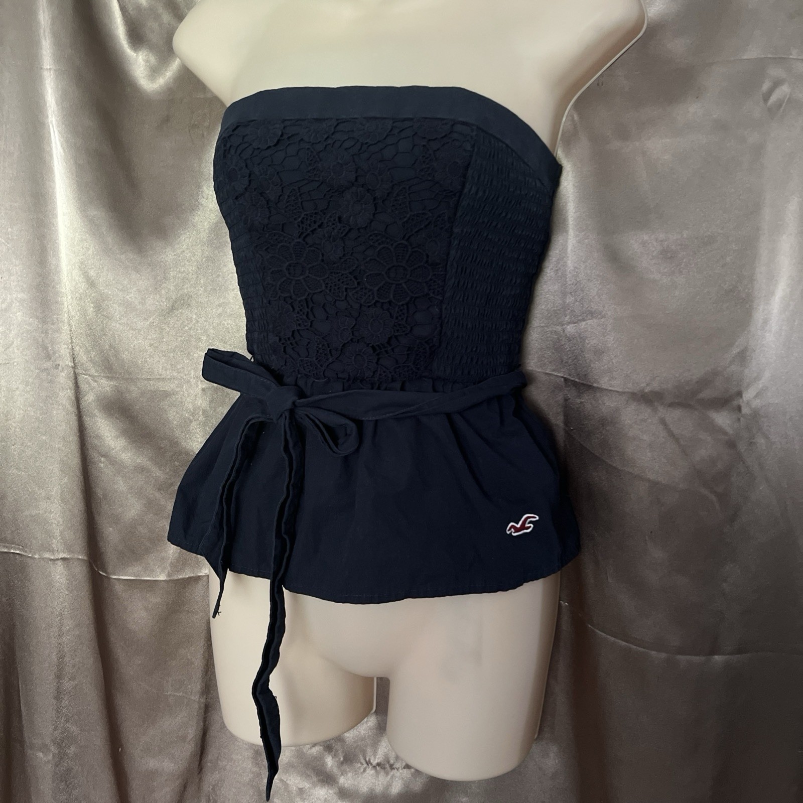 Hollister VTG Y2K 100% Cotton Navy Stretch Crochet Front Tube Top Sz S Vintage