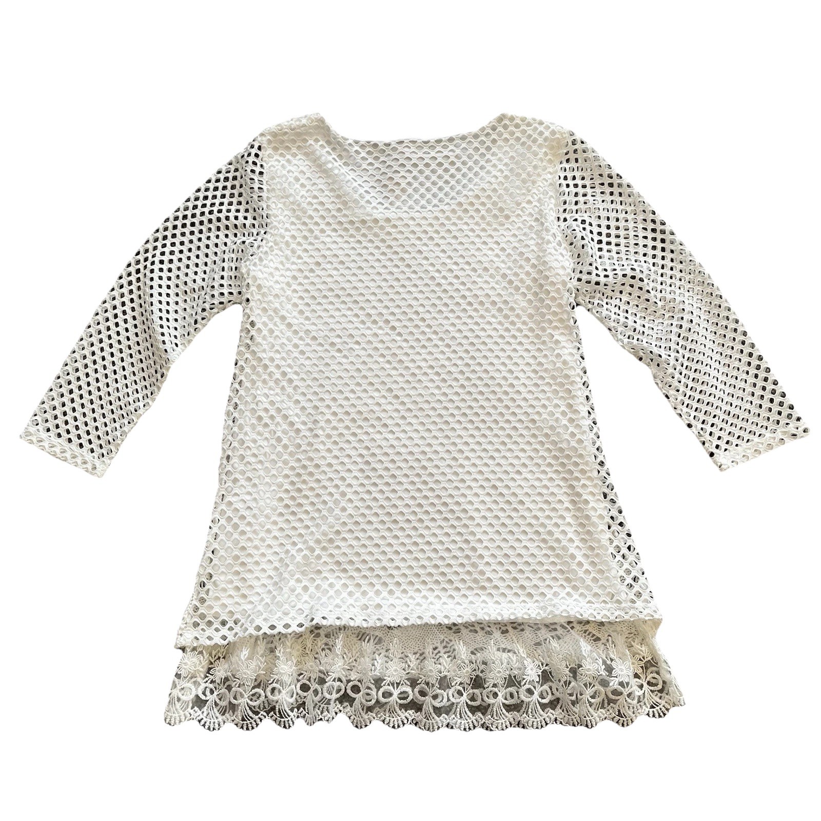 Crochet Lace Ruffle Top M White Cottagecore Lagenlook Boho Feminine 3/4 Sleeve