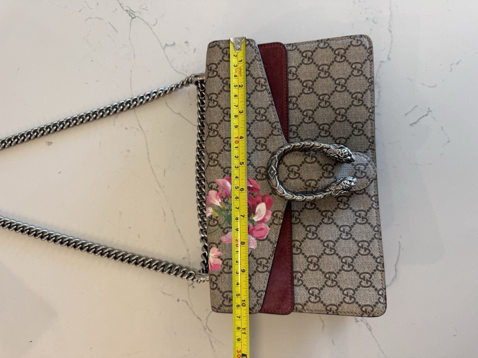 Gucci Dionysus GG Blooms Floral Chain Shoulder Bag Snap Closure Beige Burgundy