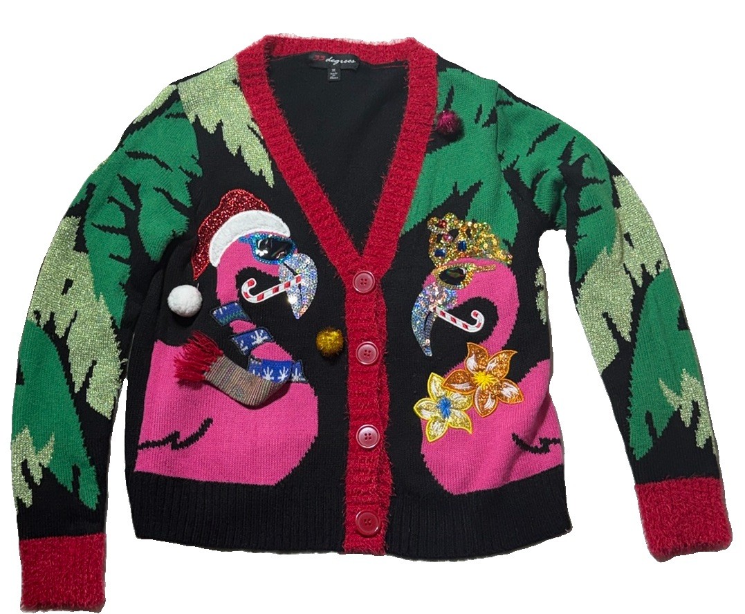 33 Degrees Flamingo Candy Cane Santa Hat Sequined sweater cardigan M fuzzy FUN!