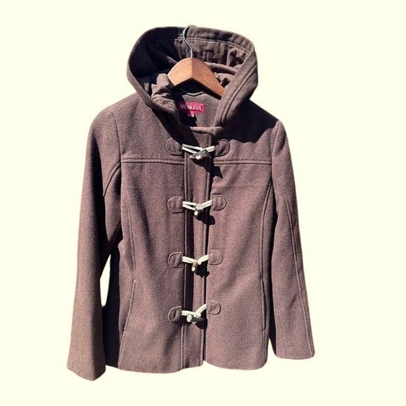 Toggle Coat Women Small Brown Excellent Hooded Wool Blend Duffle Jacket