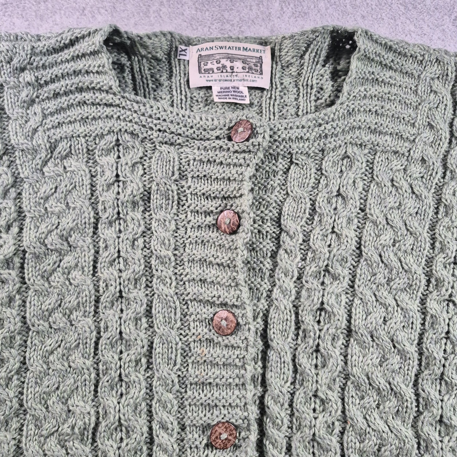 Aran Crafts Irish Merino Wool Cable Knit Cardigan Sweater Green Women’s XL