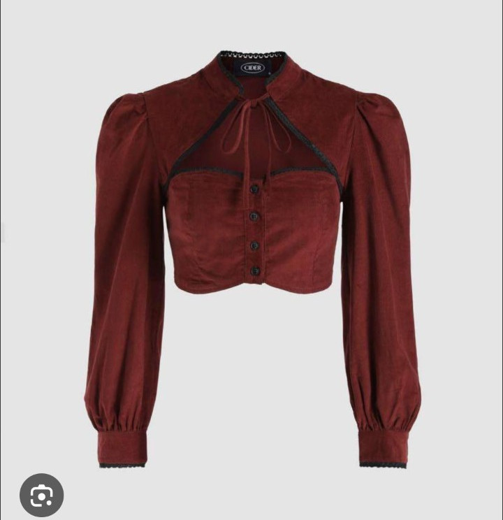Cider Burgundy Corduroy Cropped Blouse High Neck Long Puff Sleeve Button