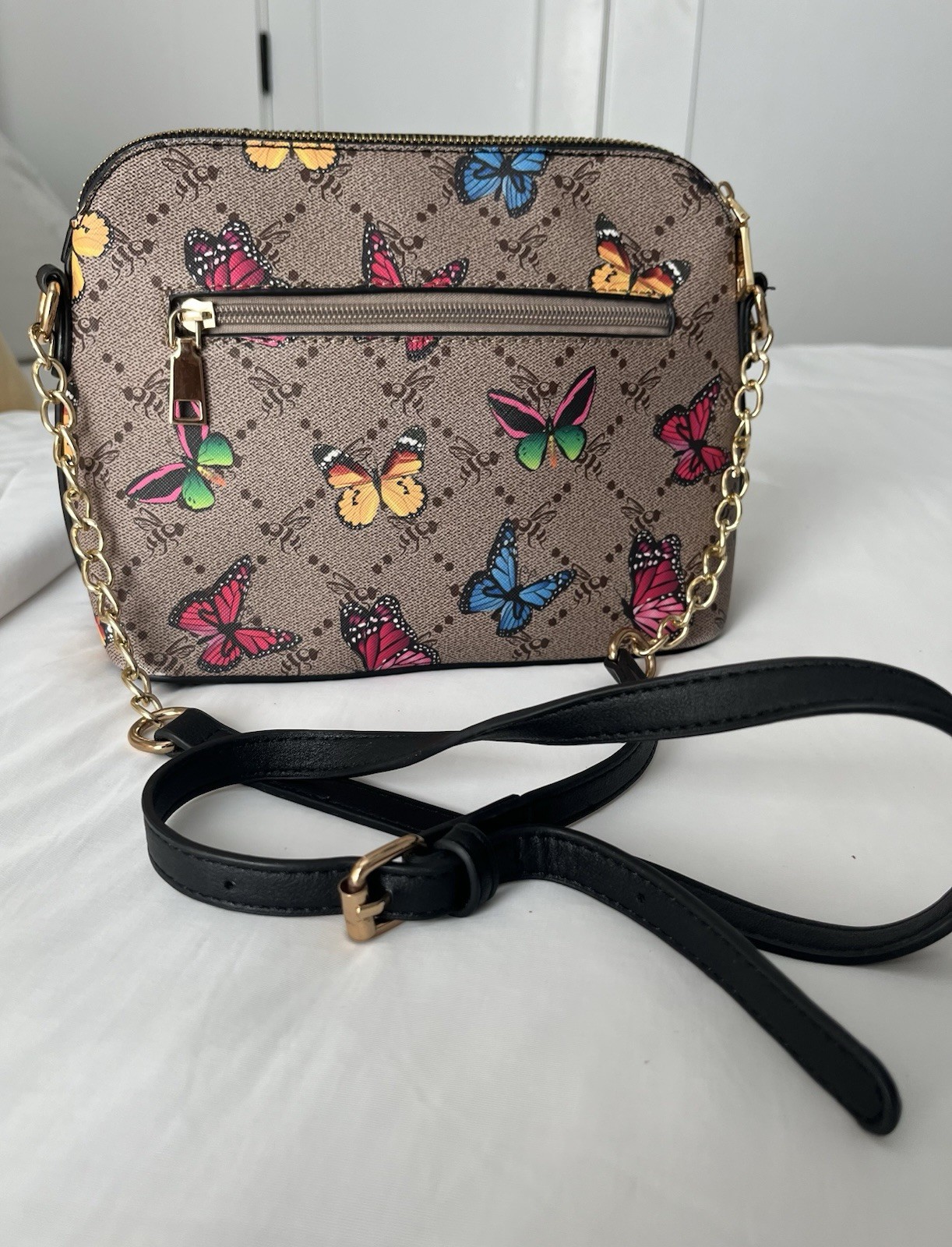 Brown Multicolor Butterfly Crossbody Bag Zip, Gold HW, Chain Bee, Adj Strap