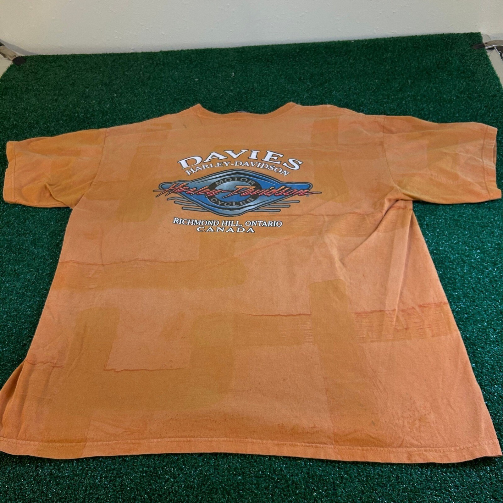 Harley Davidson Davies Graphic T Shirt Mens XXL 2XL Orange All Over Print 2003