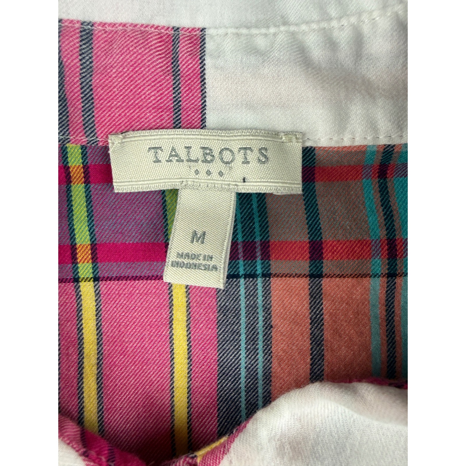 Talbots Womens Pink Teal Plaid Button Down Shirt Roll Tab Sleeve Size M