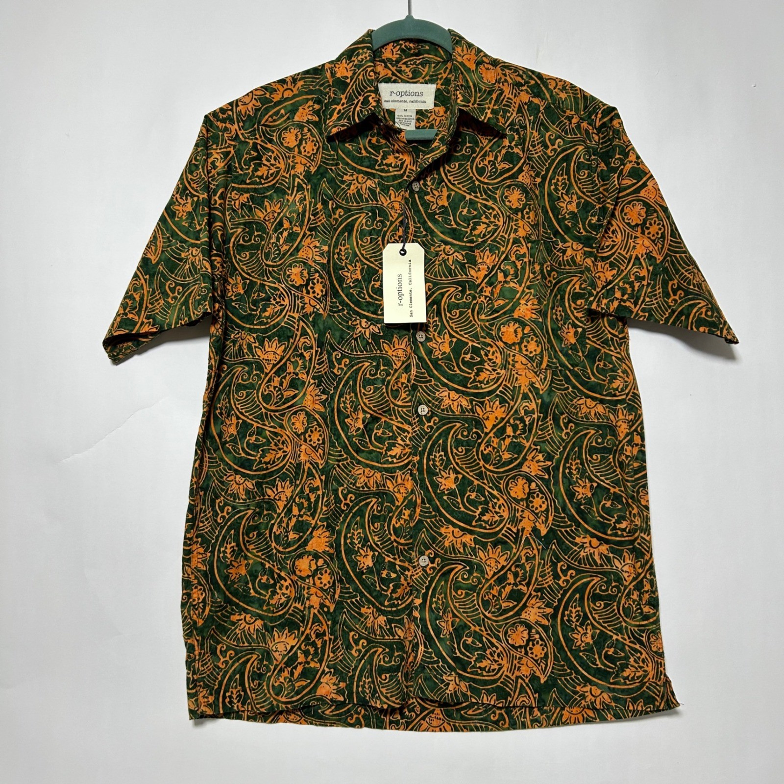 R-Options Sport Shirt Mens M Green Orange Paisley Batik Cotton Boho Coastal Bali