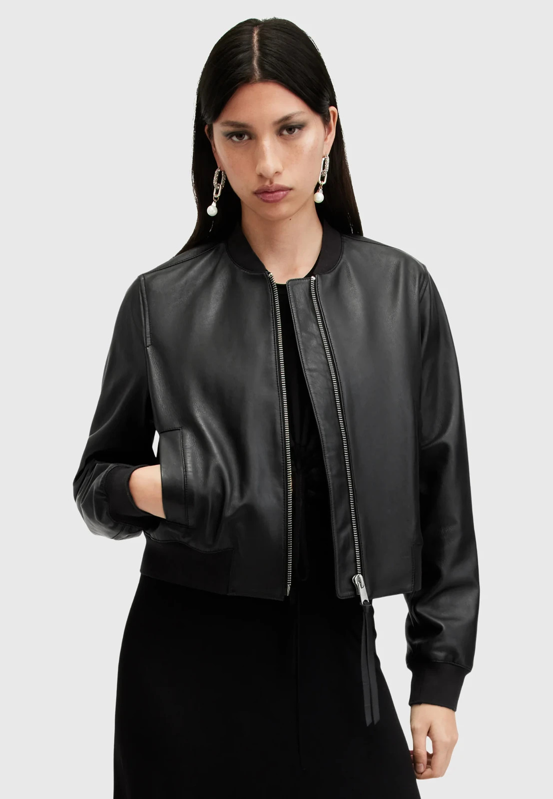 Women’s Genuine Lambskin Leather Bomber Jacket Black Varsity College 22″ – 57cm