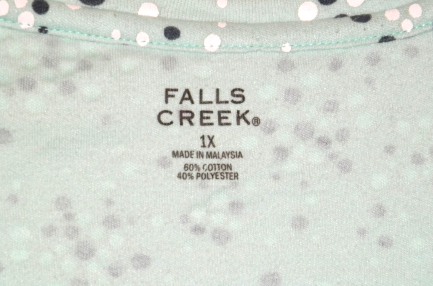 Falls Creek Short Sleeve Cotton/Poly Knit Top Sz 1X Soft Green/White/Black Dot