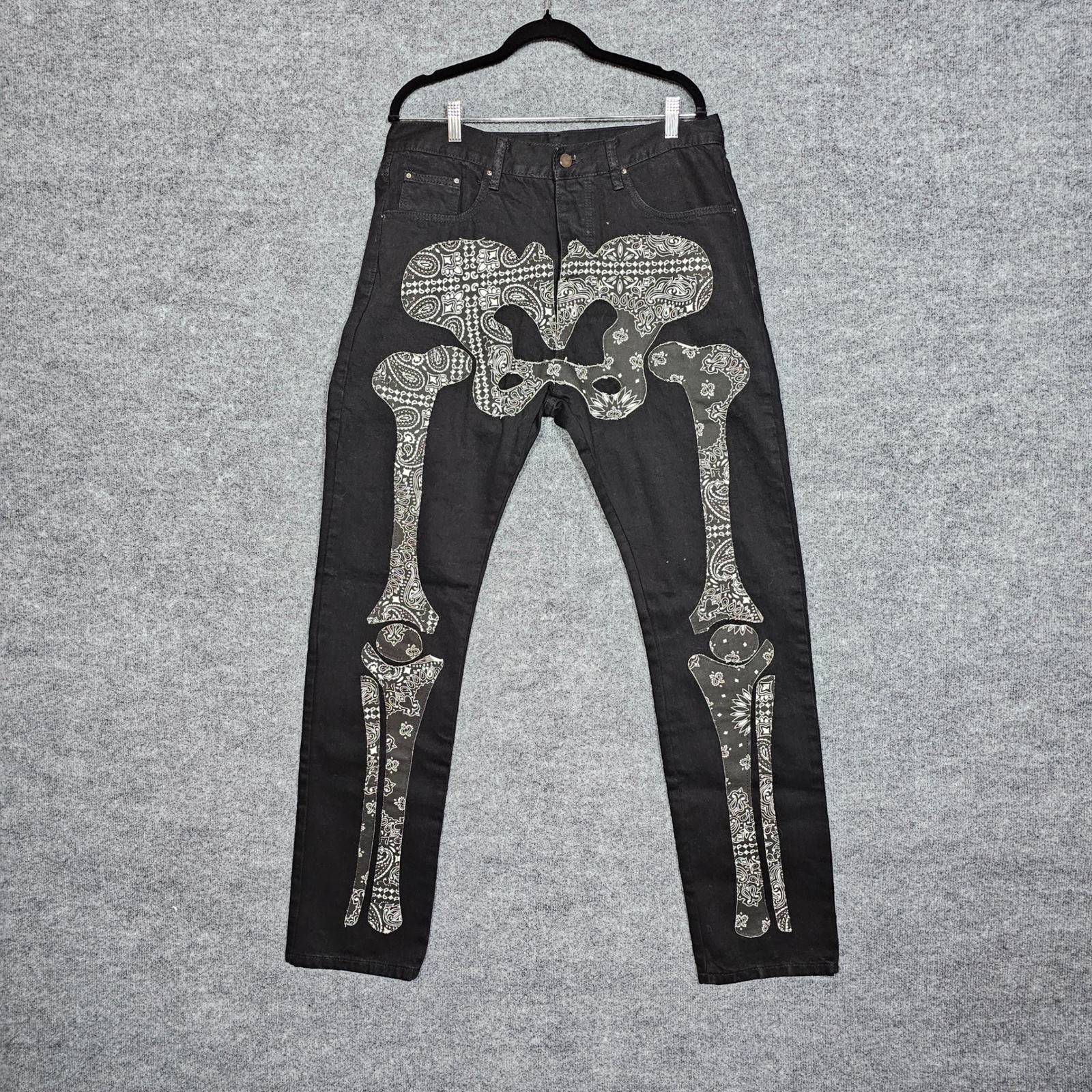 MNML Skeleton Paisley Applique Jeans Mens 34 Black Streetwear Button Fly Pants