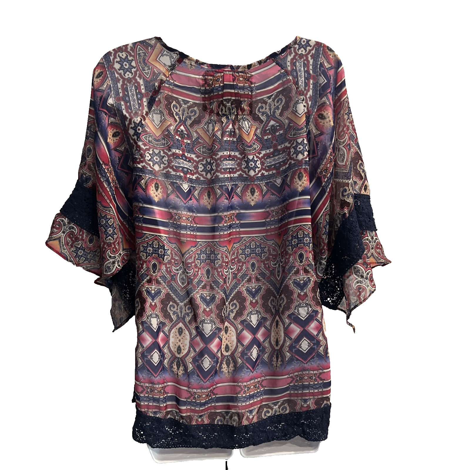 James Bryan Boho Paisley Print Kimono Top Size S Split Sleeve Blouse Lace Trim