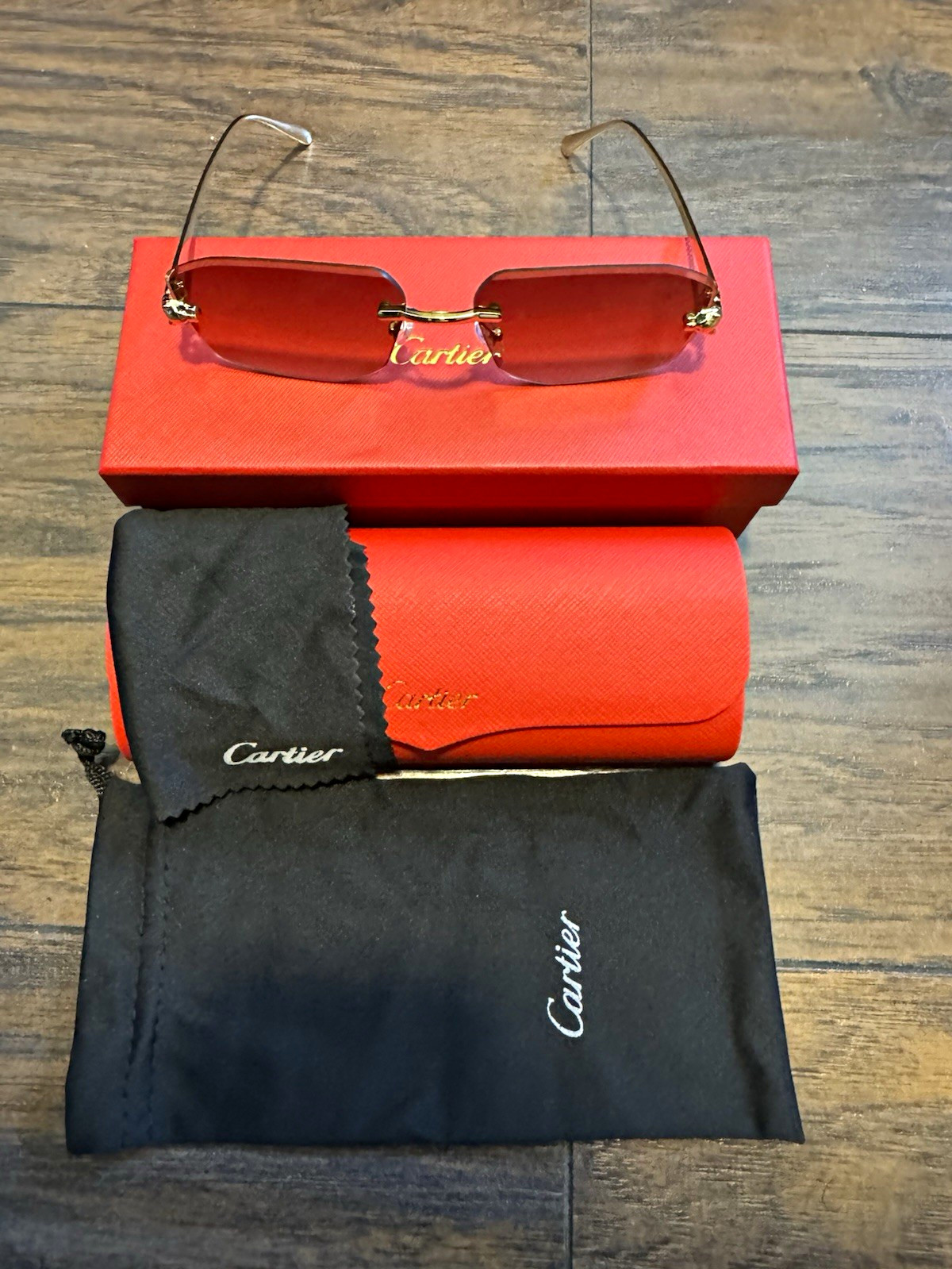 Cartier Rimless Rectangle Sunglasses Gold Metal Frame Red Tinted Lens w/Case