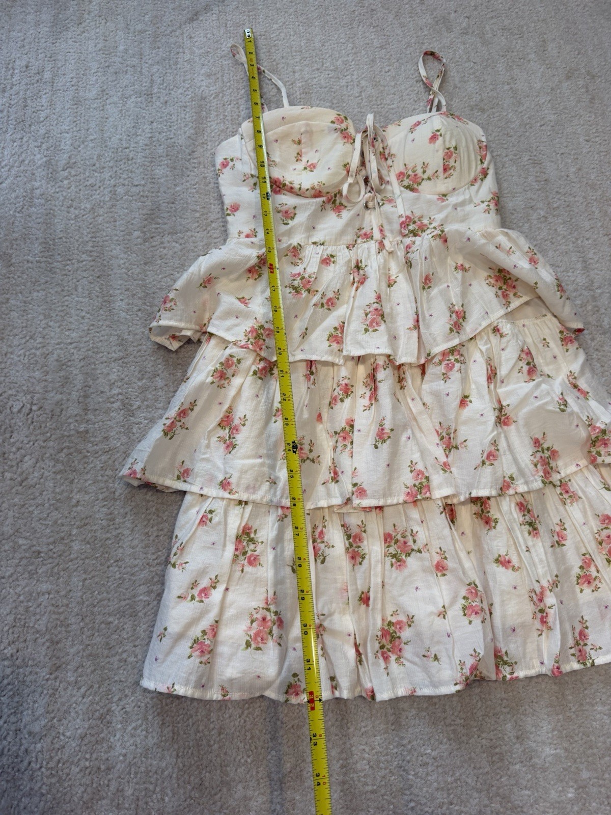 Altar’d State Ivory Pink Green Floral Sweetheart Smocked Lace-Up Mini Dress S