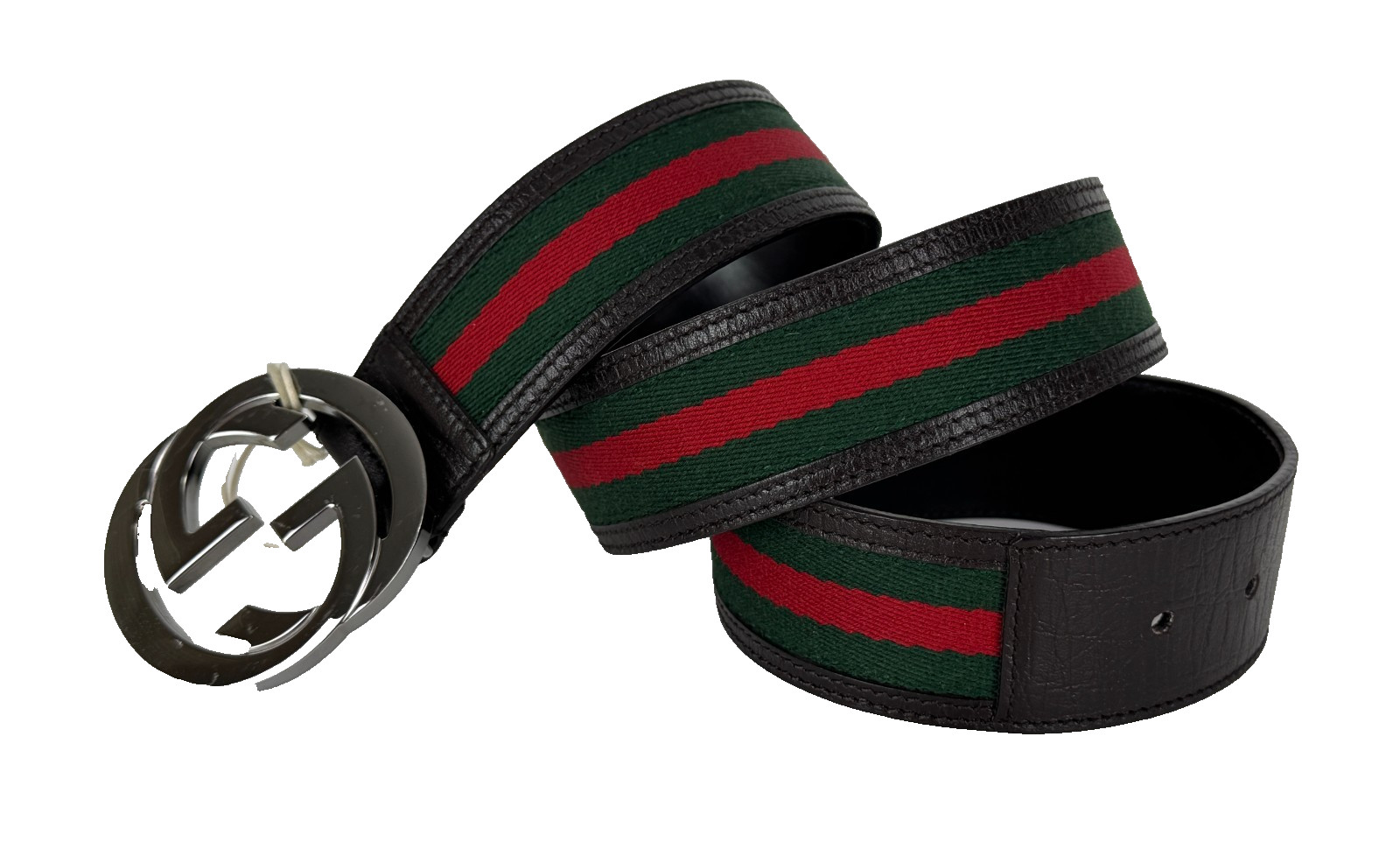 Gucci Auth Web Belt 80 cm 32 in Silver GG Red Green Fabric Brown Leather Runway