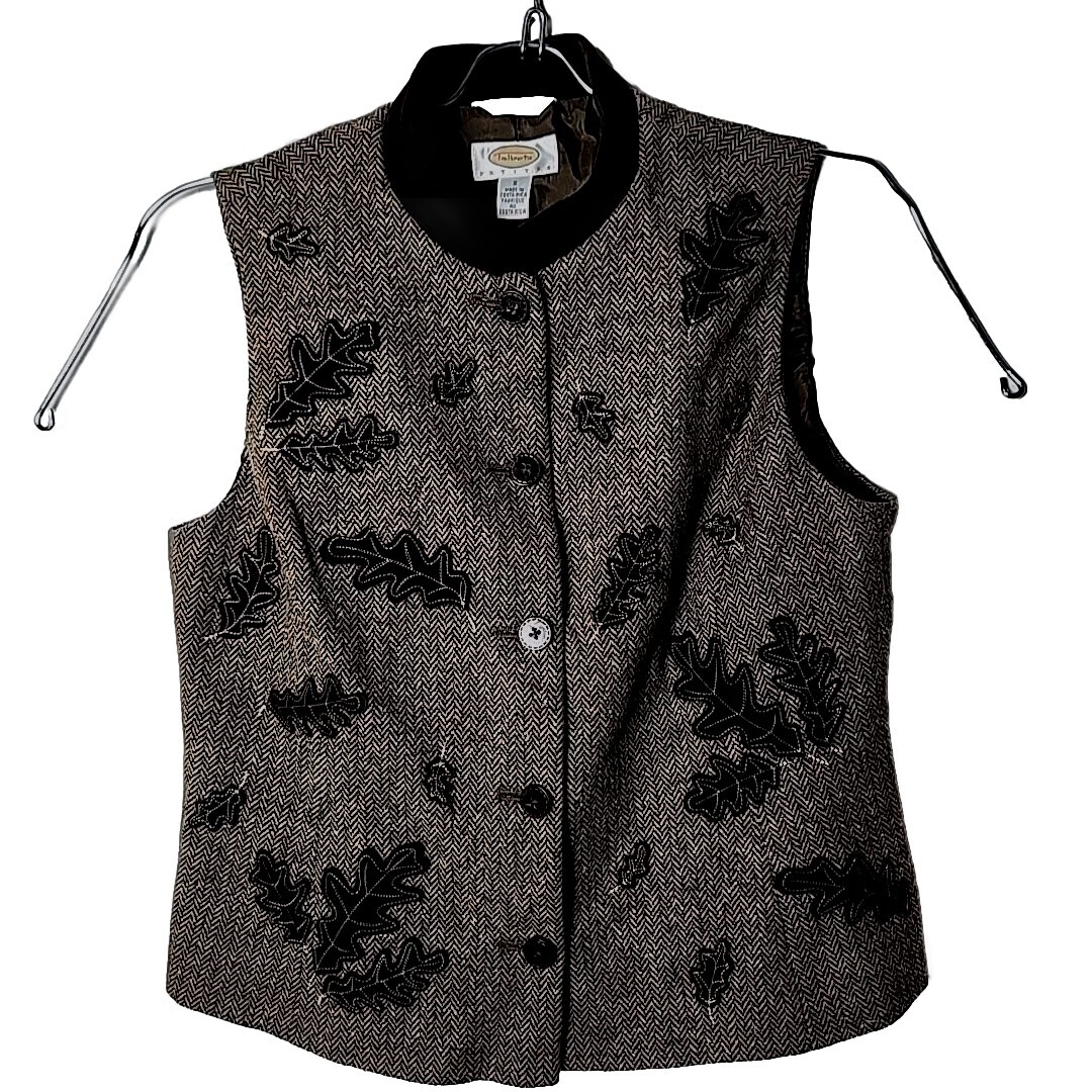 Talbots Women Petite S Small Brown Italian Fabric Wool Silk Blend Leaf Vest