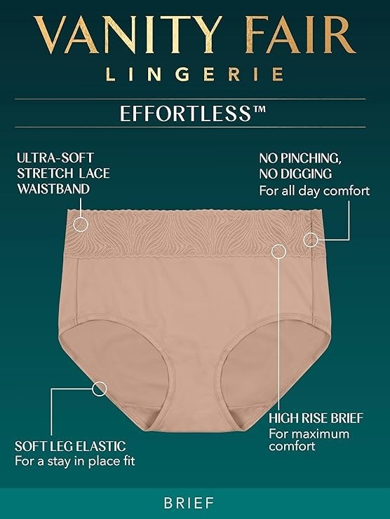 5 Pc Vanity Fair 13276 Effortless Buttery Soft Fabric & Lace Brief 6~7~8~9~10