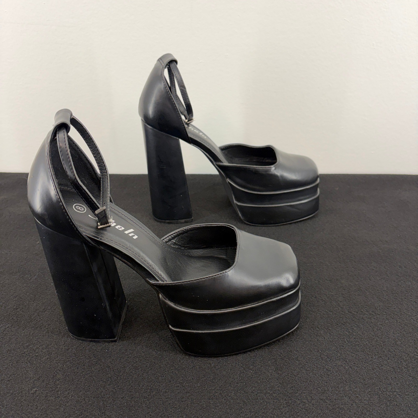 Goth Alt Funky Black Chunky Platform Womens 8 Square Toe Ankle Strap Heels Shoes