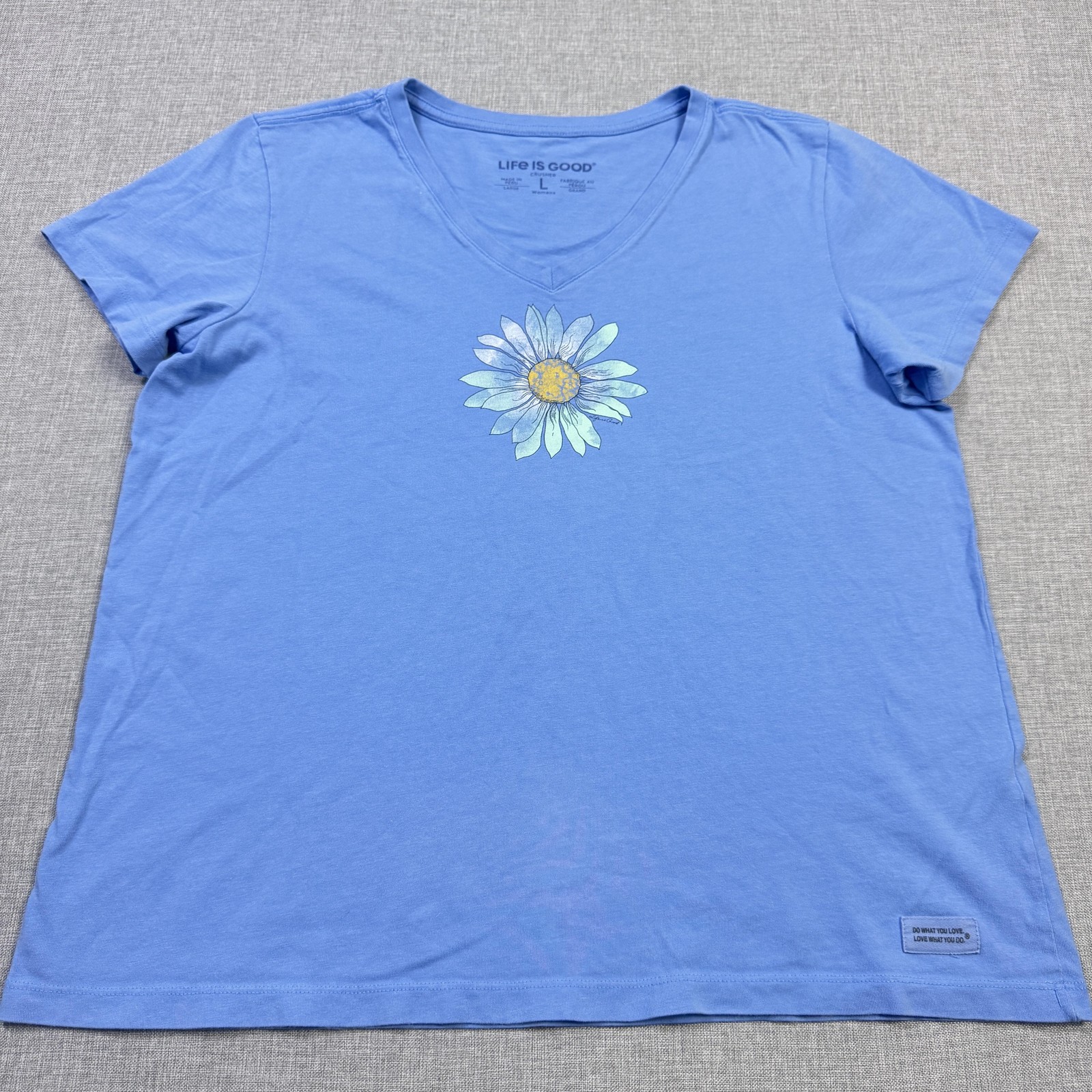 Life Is Good Womens Large Blue V-Neck Floral T-Shirt Cotton Tagless Relaxed Fit