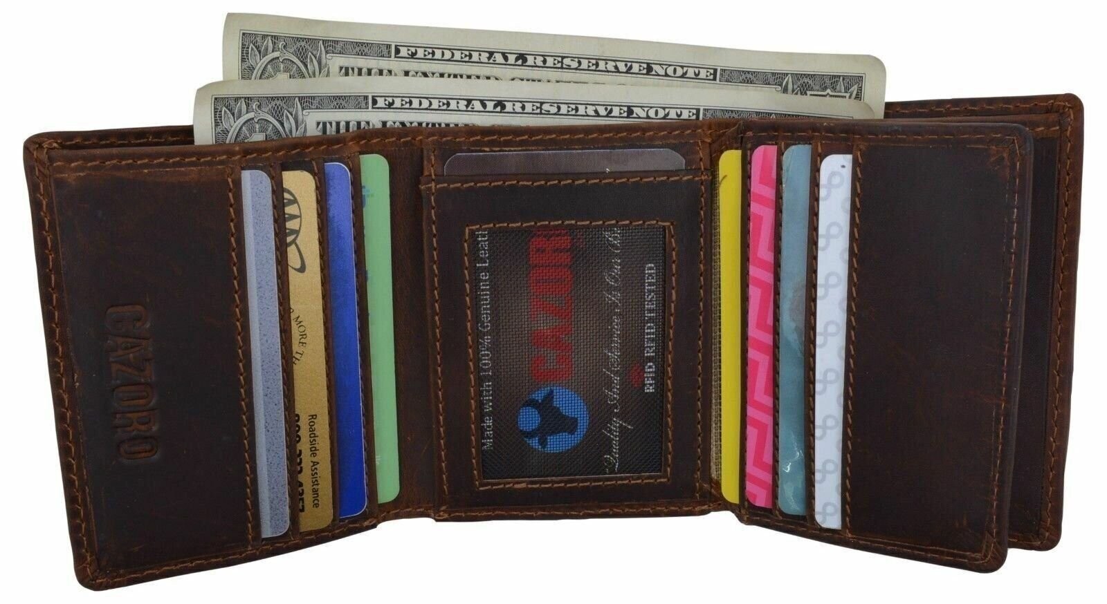 RFID Blocking Cazoro Mens Premium Vintage Leather Trifold Credit Card ID Wallet