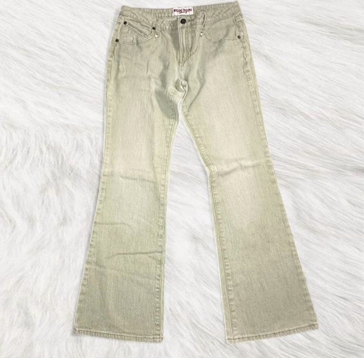 Bisou Bisou Women’s Size 8 Flare Jeans Sage Green Distressed Y2K