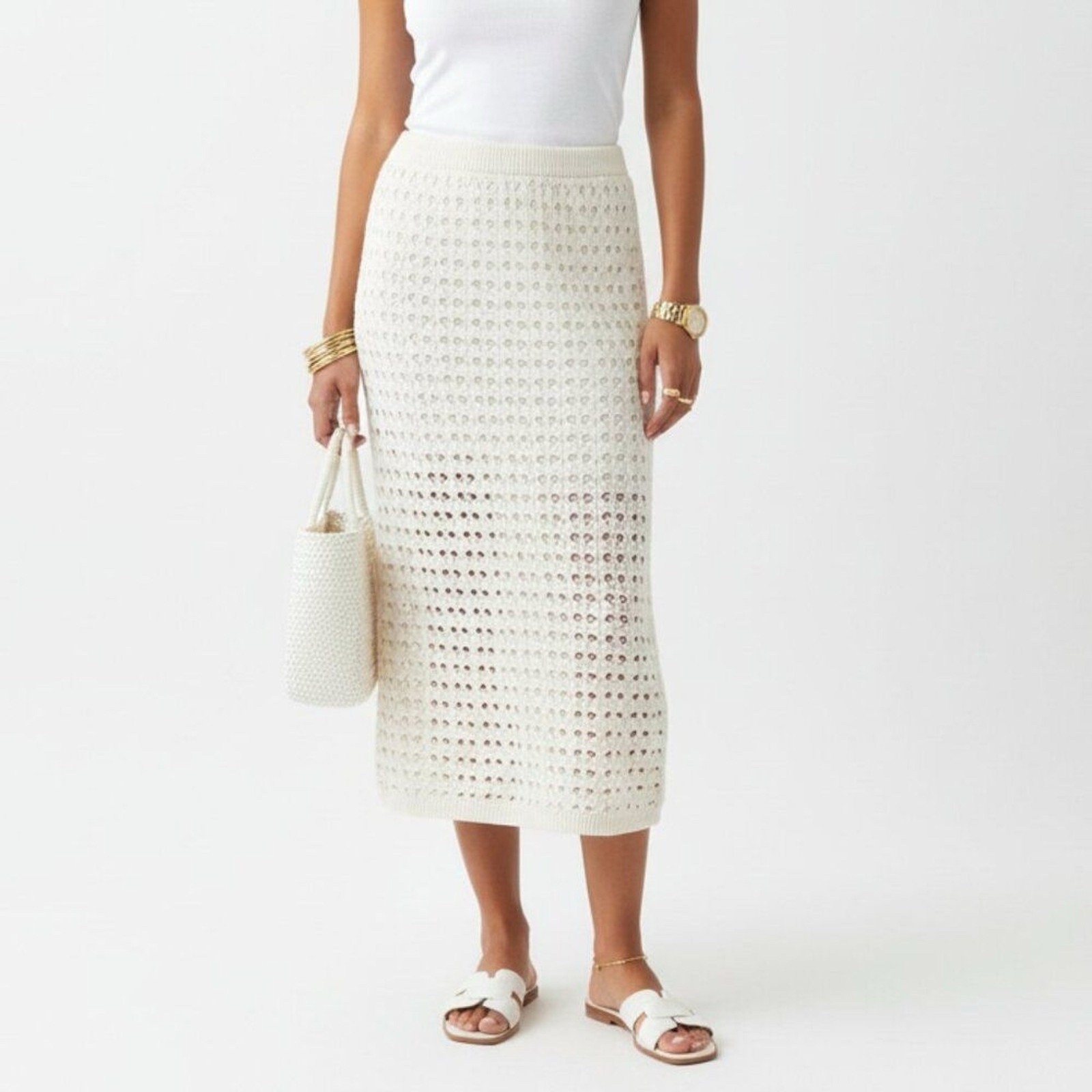 Freshman1996 Ivory Crochet Knit Cotton Midi Pencil Skirt Pull On Stretch L