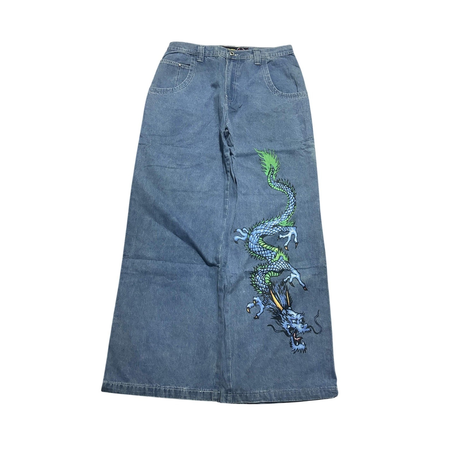 : Vintage Y2K JNCO Jeans Blue Dragon Embroidery Baggy Wide Leg Light Wash 32×32