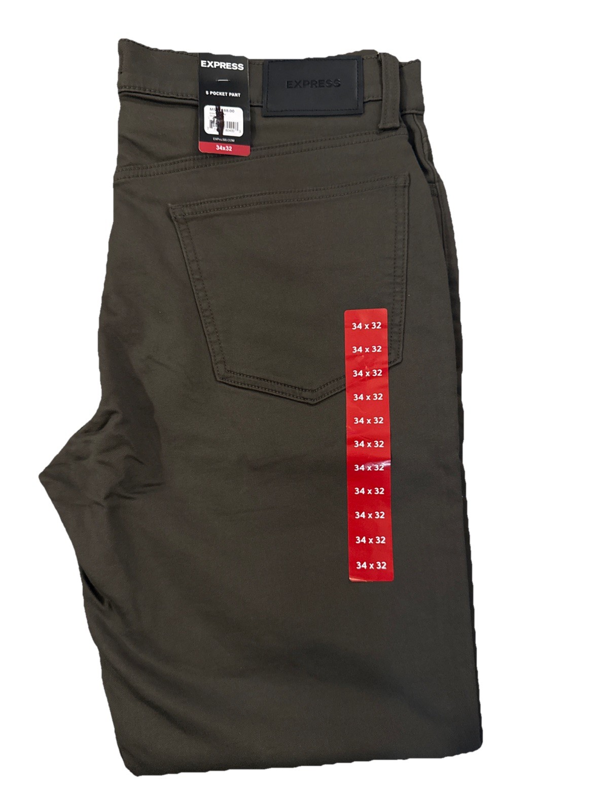 Men’s Express Slim Fit 5 Pocket Olive Pants 34 X 32 NWT MSRP 88.00 Free Shipping