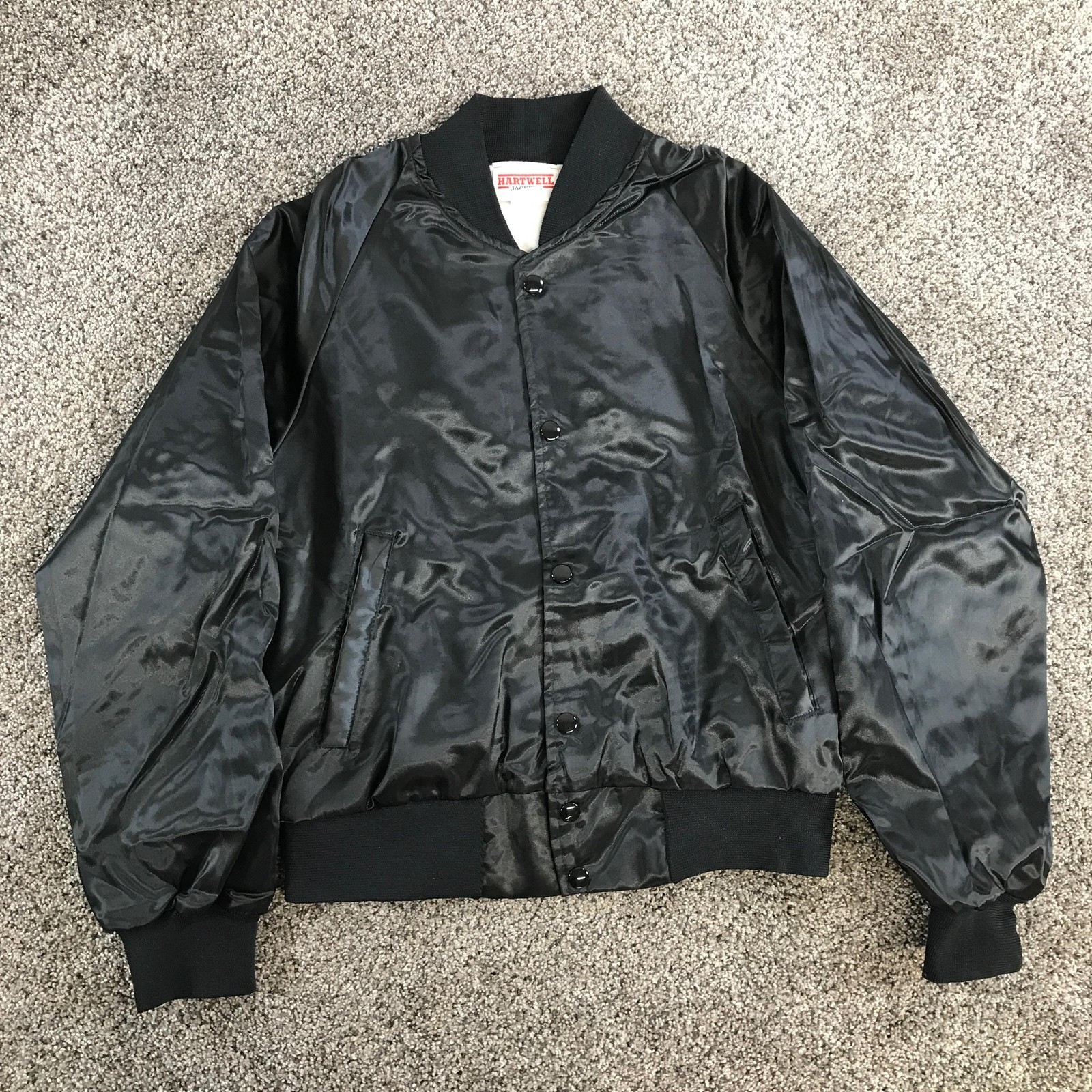 Vintage Hartwell Varsity Jacket Mens XS Black Nylon Satin Bomber Snap Front