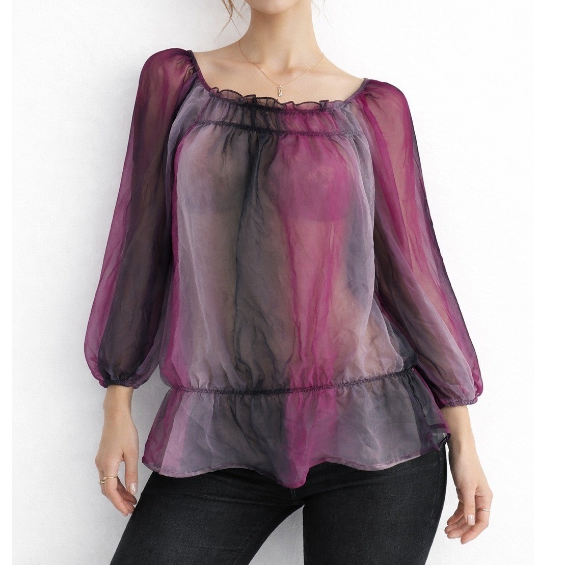 Unique Spectrum Sheer Ombre Blouse Pink Black Y2K Fairycore Long Sleeve X Boho