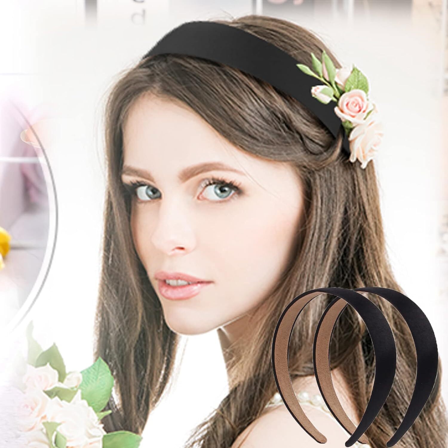2 Pack Black White Satin Headbands 1.3 Inch Wide Non Slip Fashion Hair Bands