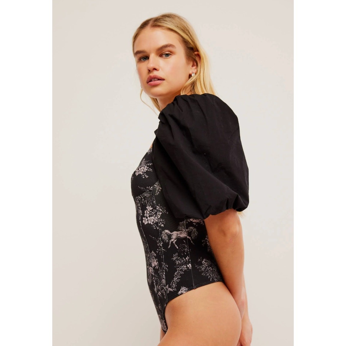 Free People Prarie Rose Puff Sleeve Bodysuit Black Coquette Romantic Large NWT