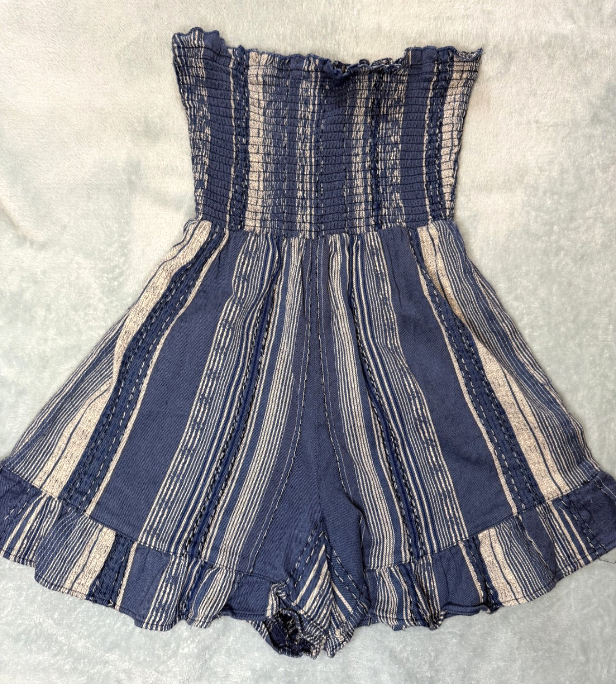 Blue Striped Boho Strapless Romper With Shorts Size Medium