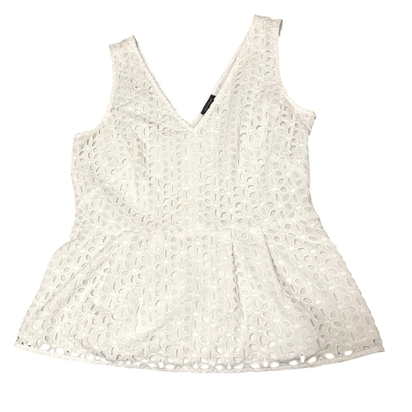 Ann Taylor Womens White Cotton Eyelet Peplum V-Neck Sleeveless Top Size 4