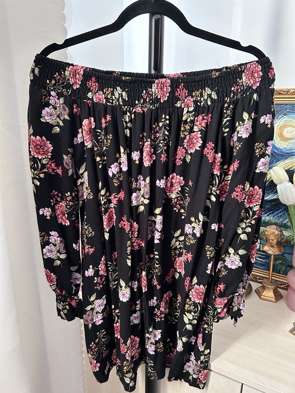 Forever 21 Black Pink Floral Off-the-Shoulder Long Sleeve Blouse Size S