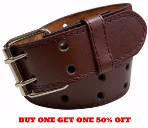 Kids Leather Two Rows Double Holes Brown Belt Boys Girls Youth 1.25″ Wide