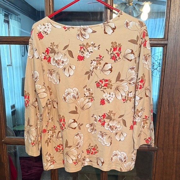 White Stag Womens XXL 20 Floral Long Sleeve Top Tan Beige Cotton Scoop Neck