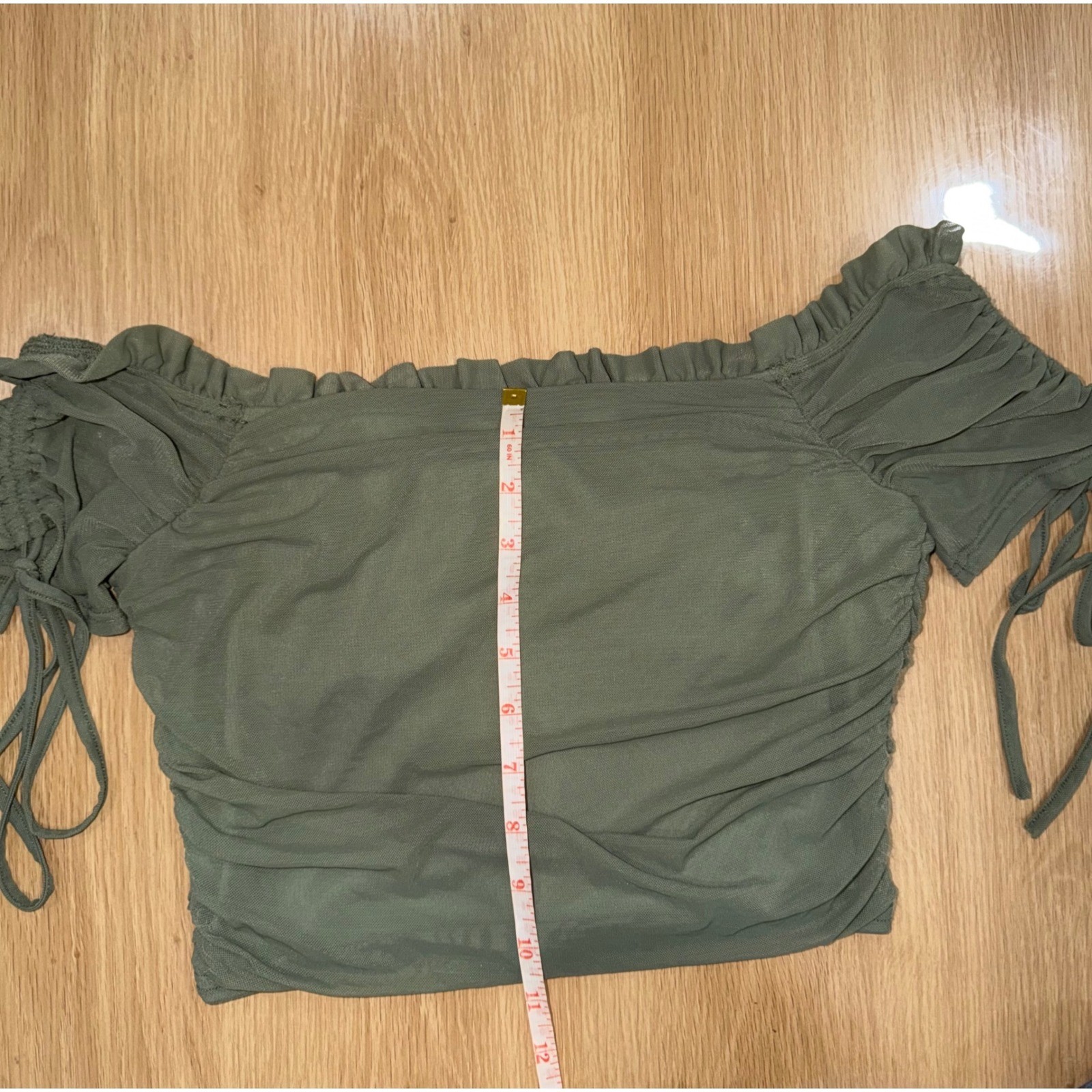 Windsor Sage Green Mesh Ruched Off Shoulder Crop Top