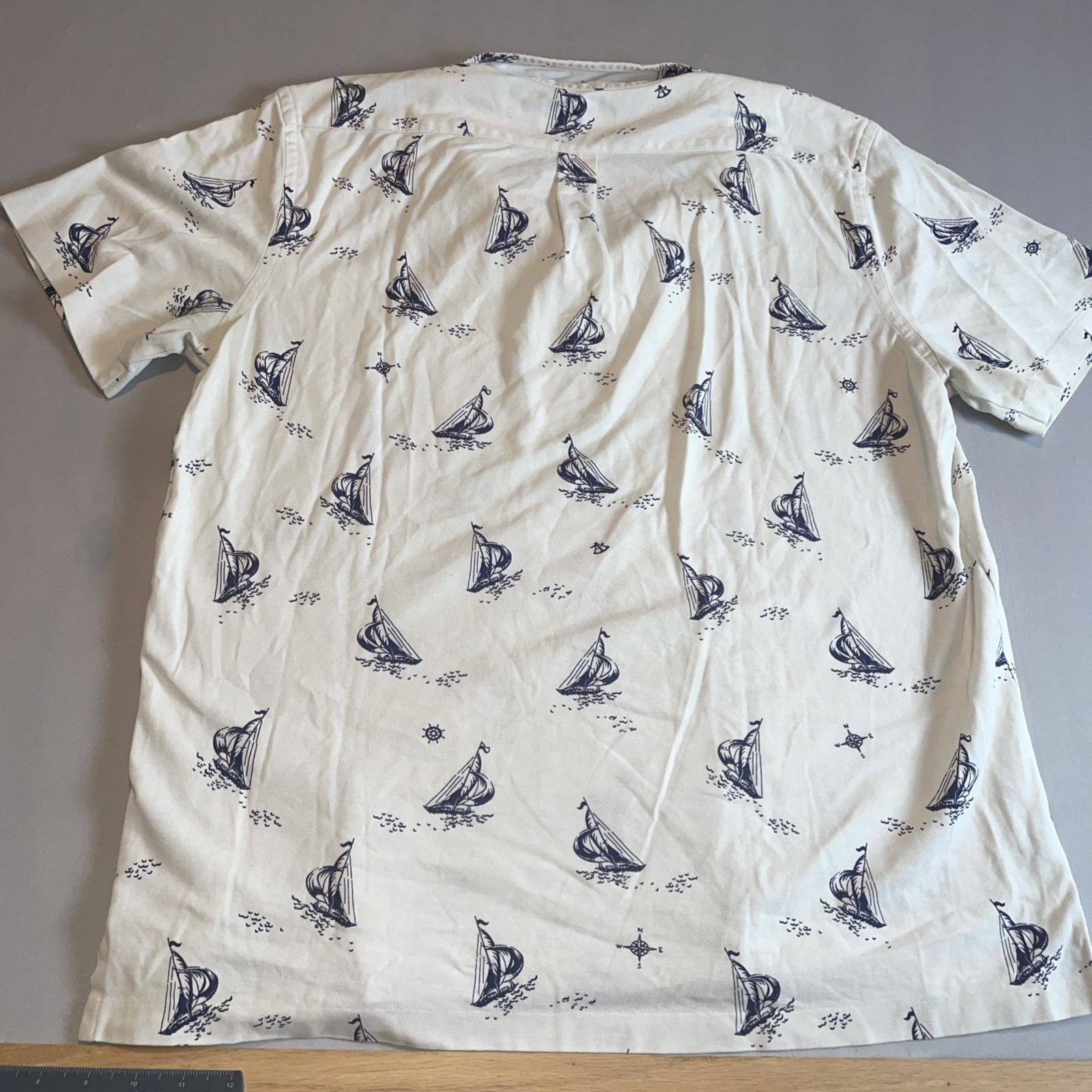 Ralph Lauren Polo Shirt Mens Large White Knit Oxford Sailboats Graphic Side Slit
