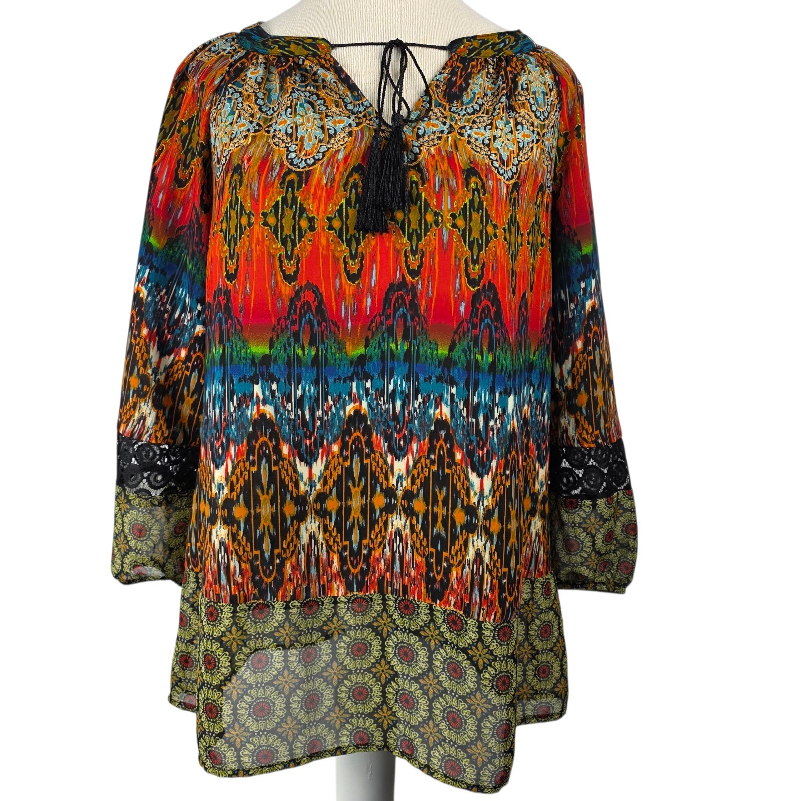 Fig and Flower Women’s M Boho Floral Blouse Multicolor 3/4 Sleeve Art to Wear